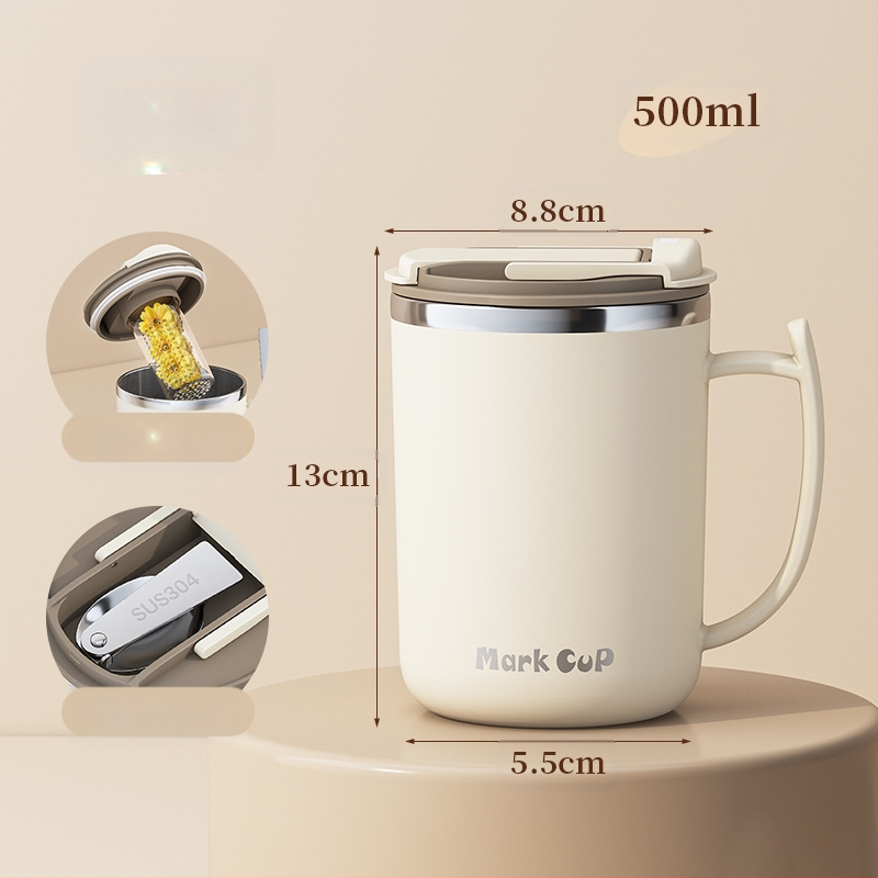 Gyárilag közvetlen szállítású, magas színű, 304 rozsdamentes acélból készült kávésbögre, tealefolyóval és fedéllel ellátott irodai bögregenerációval