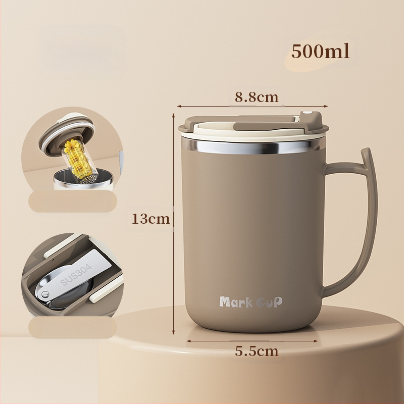 Gyárilag közvetlen szállítású, magas színű, 304 rozsdamentes acélból készült kávésbögre, tealefolyóval és fedéllel ellátott irodai bögregenerációval