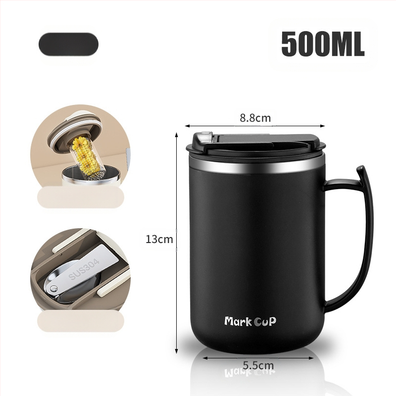 Gyárilag közvetlen szállítású, magas színű, 304 rozsdamentes acélból készült kávésbögre, tealefolyóval és fedéllel ellátott irodai bögregenerációval