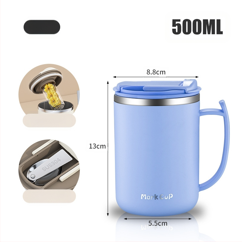 Gyárilag közvetlen szállítású, magas színű, 304 rozsdamentes acélból készült kávésbögre, tealefolyóval és fedéllel ellátott irodai bögregenerációval