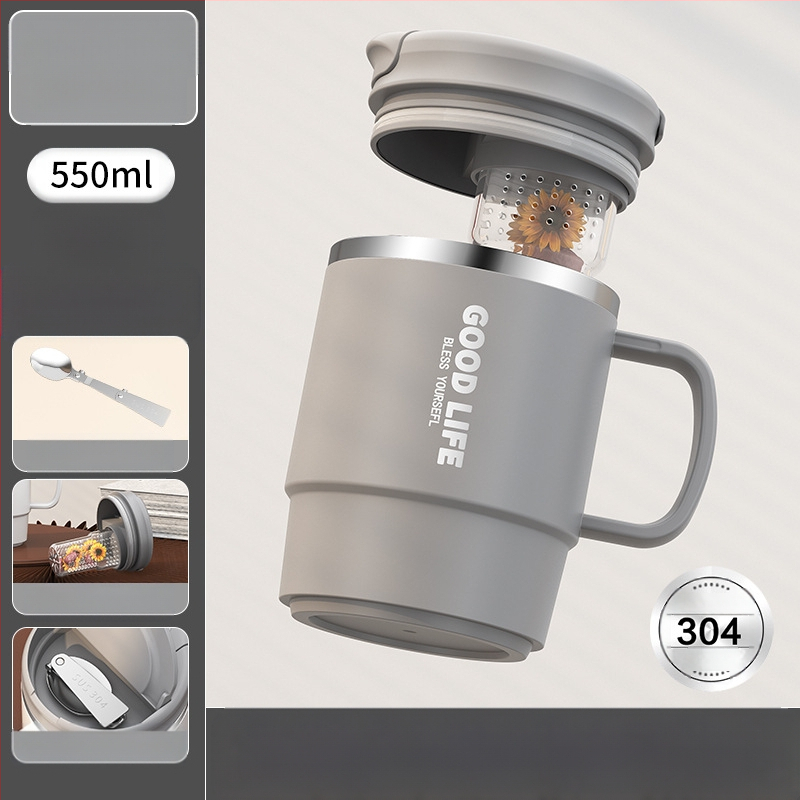 Gyárilag közvetlen szállítású, magas színű, 304 rozsdamentes acélból készült kávésbögre, tealefolyóval és fedéllel ellátott irodai bögregenerációval