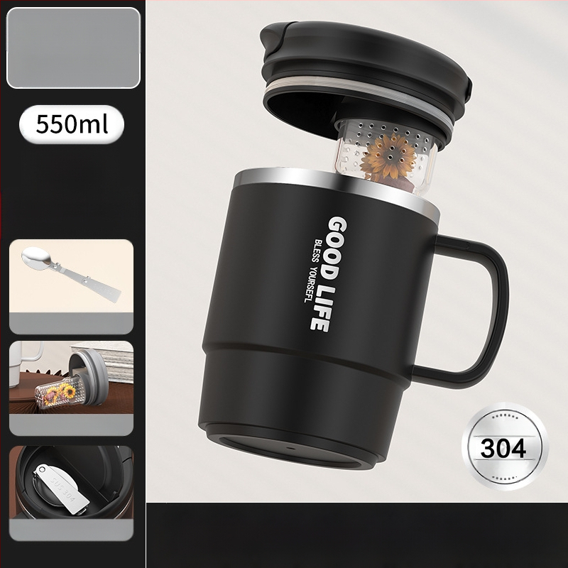 Gyárilag közvetlen szállítású, magas színű, 304 rozsdamentes acélból készült kávésbögre, tealefolyóval és fedéllel ellátott irodai bögregenerációval