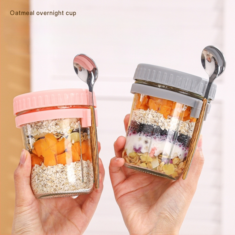 Éjszakai zabpelyhes pohár, hordozható joghurtos reggelizőpohár, nagy szépségértékű függőkanál, üveg masonpohár, zabpelyhes tejes salátapohár