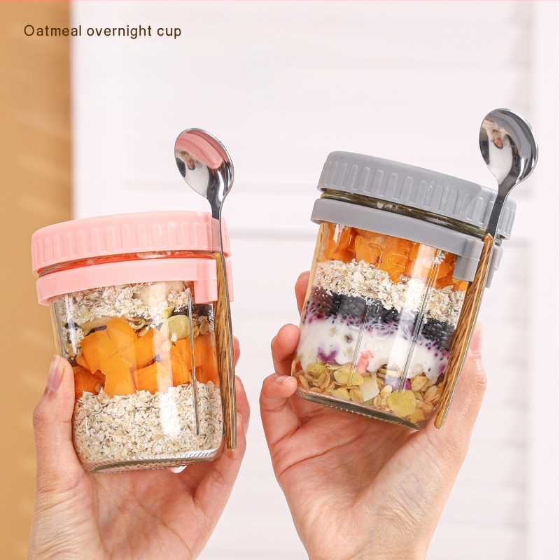 Éjszakai zabpelyhes pohár, hordozható joghurtos reggelizőpohár, nagy szépségértékű függőkanál, üveg masonpohár, zabpelyhes tejes salátapohár