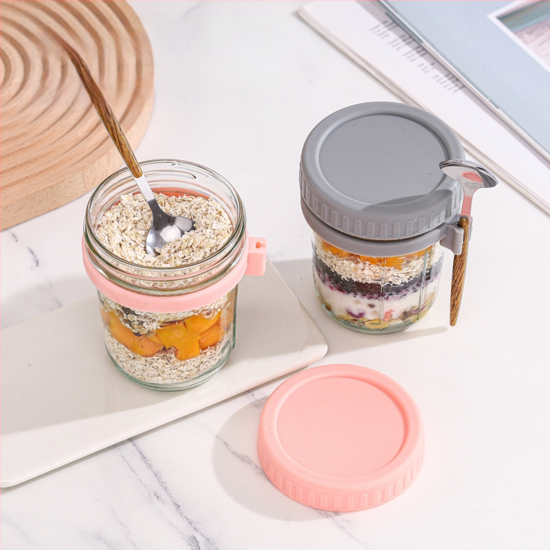 Éjszakai zabpelyhes pohár, hordozható joghurtos reggelizőpohár, nagy szépségértékű függőkanál, üveg masonpohár, zabpelyhes tejes salátapohár