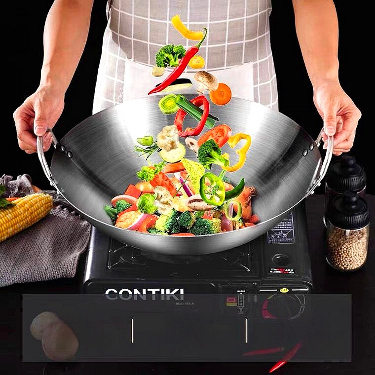 Roostevabast terasest kahe kõrvaga wok-pann, ühe käepidemega, suur ümara põhjaga wok-pann, majapidamiswok-pann, spetsiaalne gaasipliidile