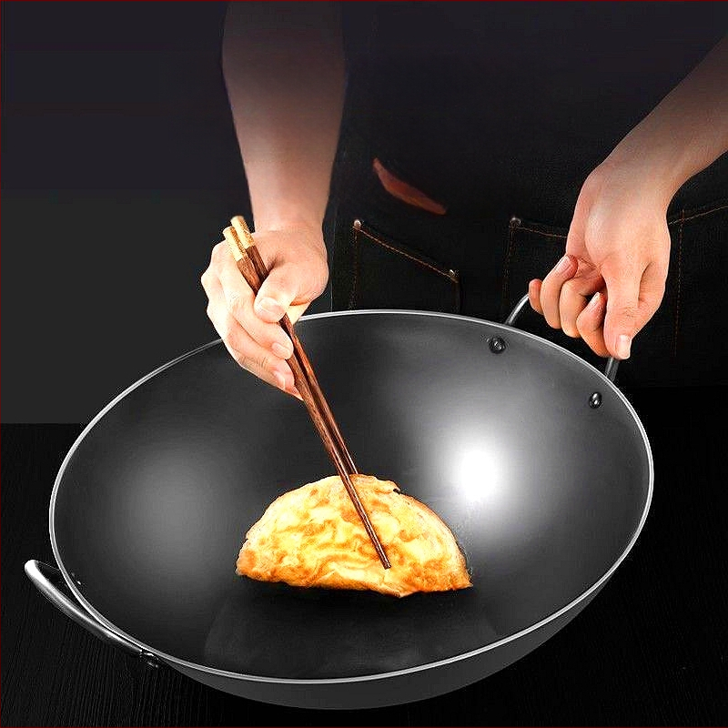 Roostevabast terasest kahe kõrvaga wok-pann, ühe käepidemega, suur ümara põhjaga wok-pann, majapidamiswok-pann, spetsiaalne gaasipliidile
