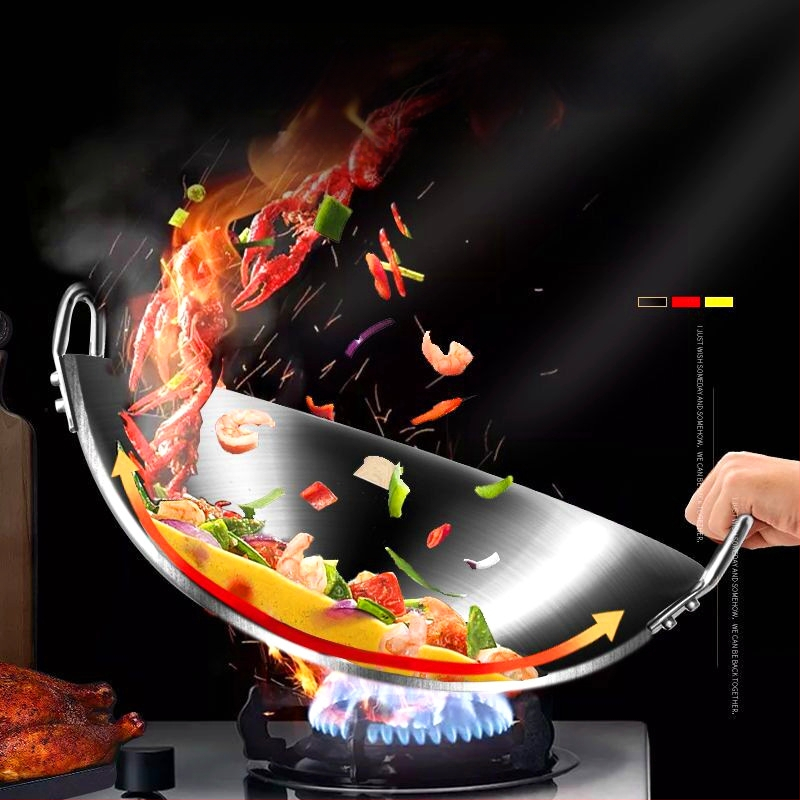 Roostevabast terasest kahe kõrvaga wok-pann, ühe käepidemega, suur ümara põhjaga wok-pann, majapidamiswok-pann, spetsiaalne gaasipliidile