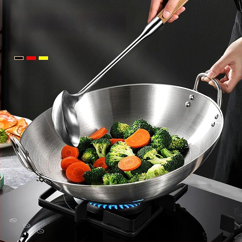 Roostevabast terasest kahe kõrvaga wok-pann, ühe käepidemega, suur ümara põhjaga wok-pann, majapidamiswok-pann, spetsiaalne gaasipliidile