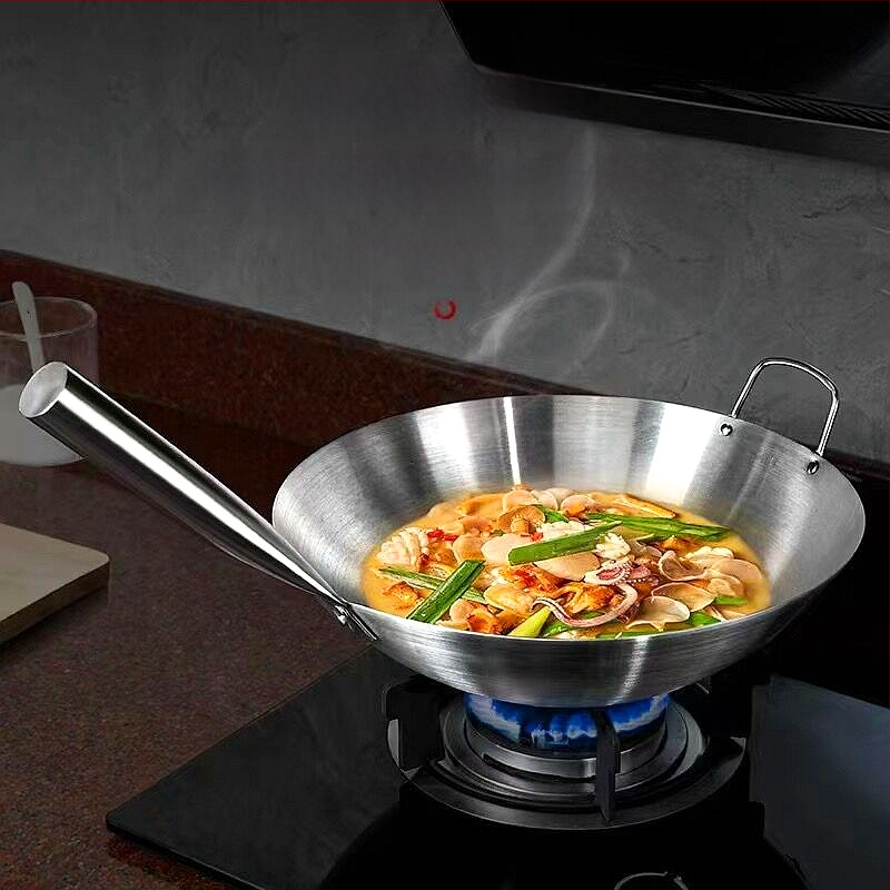 Roostevabast terasest kahe kõrvaga wok-pann, ühe käepidemega, suur ümara põhjaga wok-pann, majapidamiswok-pann, spetsiaalne gaasipliidile