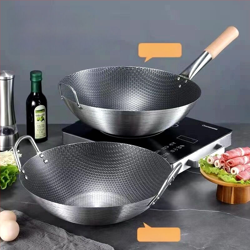 Roostevabast terasest kahe kõrvaga wok-pann, ühe käepidemega, suur ümara põhjaga wok-pann, majapidamiswok-pann, spetsiaalne gaasipliidile