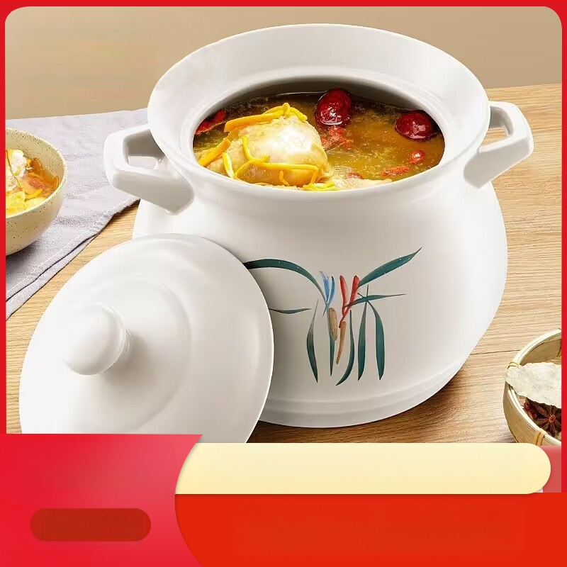 Didelis baltas porcelianinis puodas, atsparus aukštai temperatūrai, tinka dujinėms viryklėms, idealiai tinka vištienai ir mėsai troškinti, košei virti, taip pat didelės talpos sriubai, specialiai sukurtas sausam degimui.