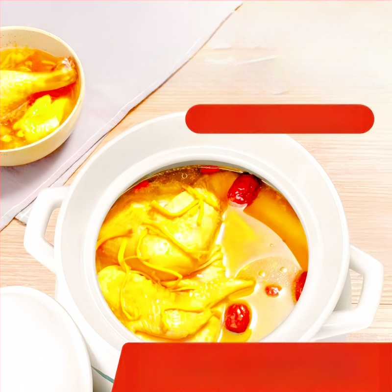 Didelis baltas porcelianinis puodas, atsparus aukštai temperatūrai, tinka dujinėms viryklėms, idealiai tinka vištienai ir mėsai troškinti, košei virti, taip pat didelės talpos sriubai, specialiai sukurtas sausam degimui.