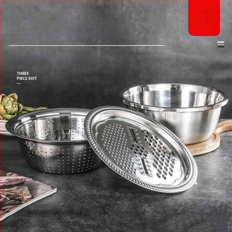 Rūpnīcas tiešās piegādes nerūsējošā tērauda daudzfunkcionālais rīvju trīs daļu komplekts Amoy rīsu sieta rīve virtuves notekas mazgāšanas izlietne