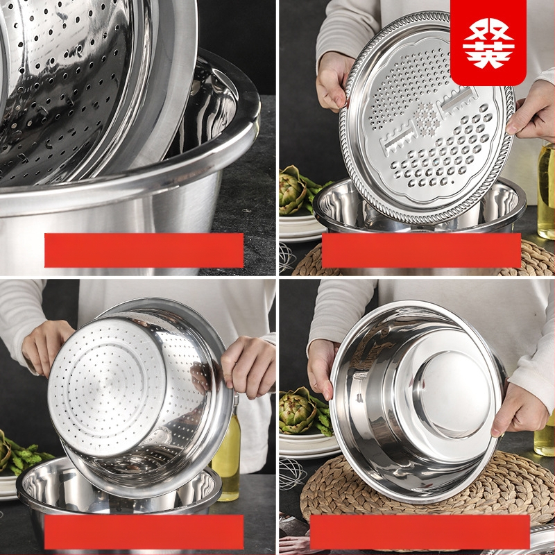Rūpnīcas tiešās piegādes nerūsējošā tērauda daudzfunkcionālais rīvju trīs daļu komplekts Amoy rīsu sieta rīve virtuves notekas mazgāšanas izlietne