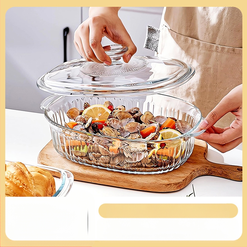 Magas boroszilikát üveg ovális átlátszó függőleges mintázatú gyöngy pamut csomagolás fedéllel kristály edény háztartási konyhai kellékek leveses edény