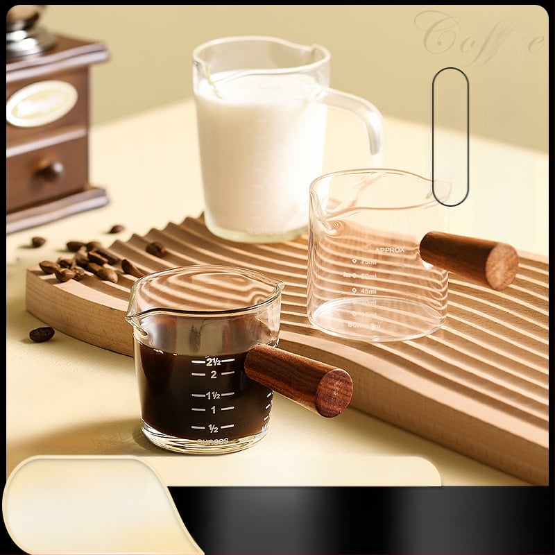 Kohviekstrakti tass skaalaga, puidust käepidemega, mõõtekork, espresso untsi tass, väike piimatass, peen ja tipptasemel