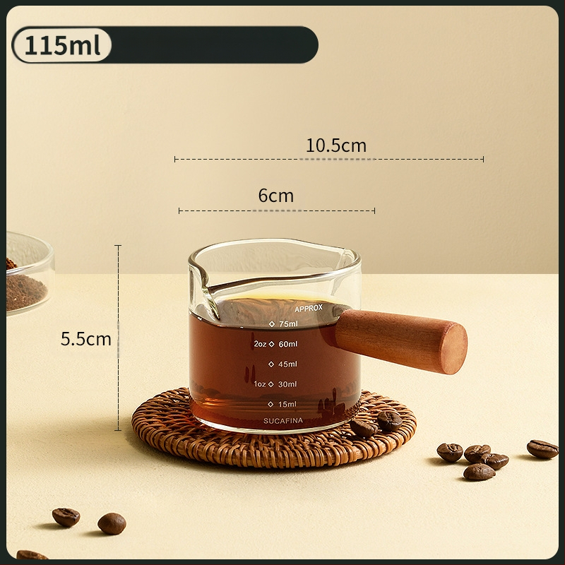 Kohviekstrakti tass skaalaga, puidust käepidemega, mõõtekork, espresso untsi tass, väike piimatass, peen ja tipptasemel