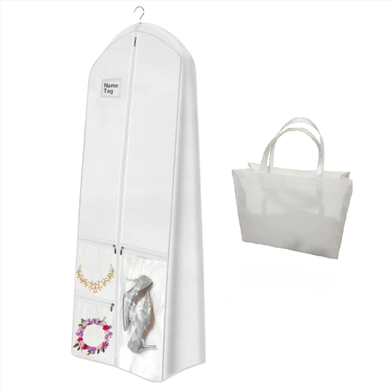 Tarpvalstybinis vestuvinės suknelės kostiumo laikymo krepšys iš dulkėms ir drėgmei atsparaus neaustinio audinio su rankinės laikymo krepšiu, sijono dulkių uždanga