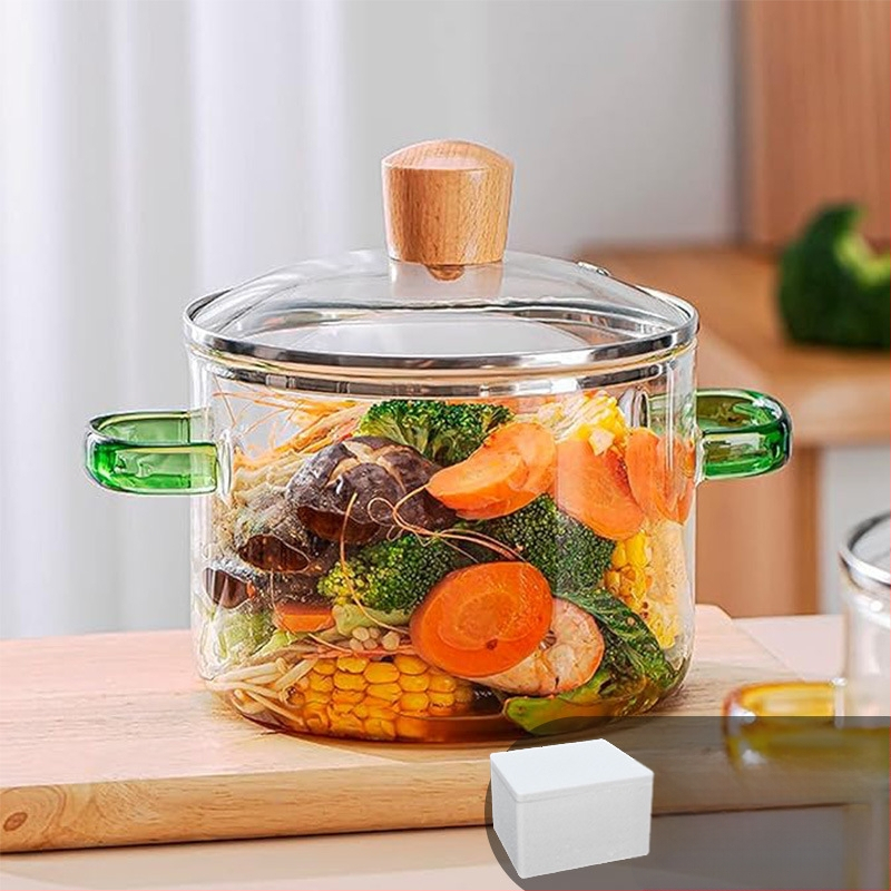 Nagy kapacitású konyhai kellékek leveses üvegfazék kicsi fogantyúval zöld fogantyú üvegfazék magas hőmérsékletnek ellenálló nyílt láng univerzális