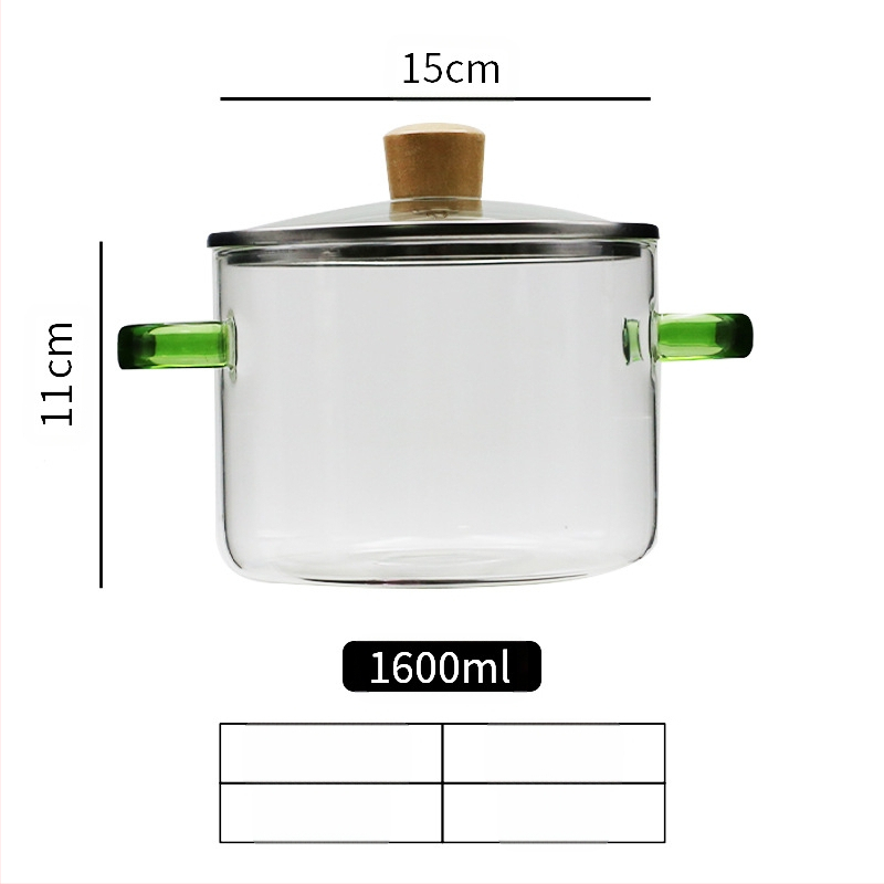 Nagy kapacitású konyhai kellékek leveses üvegfazék kicsi fogantyúval zöld fogantyú üvegfazék magas hőmérsékletnek ellenálló nyílt láng univerzális