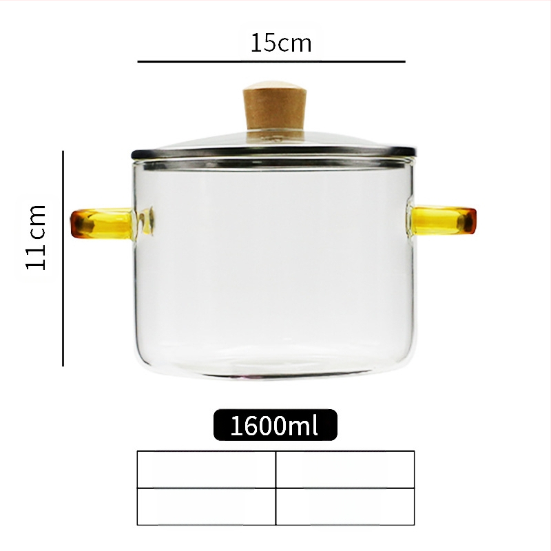 Nagy kapacitású konyhai kellékek leveses üvegfazék kicsi fogantyúval zöld fogantyú üvegfazék magas hőmérsékletnek ellenálló nyílt láng univerzális