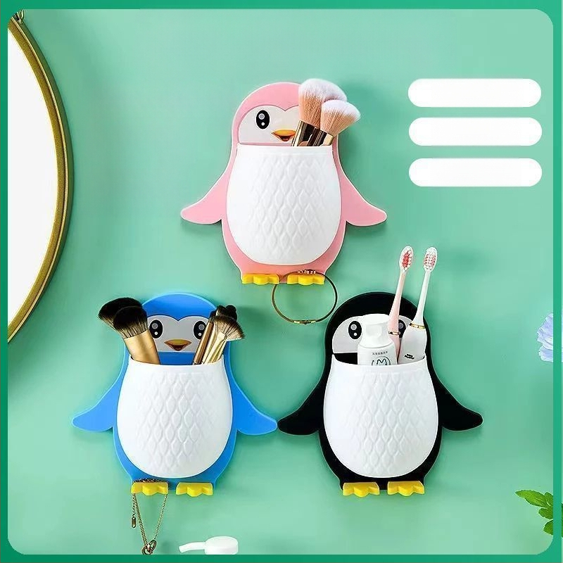 Fürdőszobai fali pingvintartó, fali mosdó, lyukas sminktároló doboz, mobiltelefon távirányító, fürdőszoba