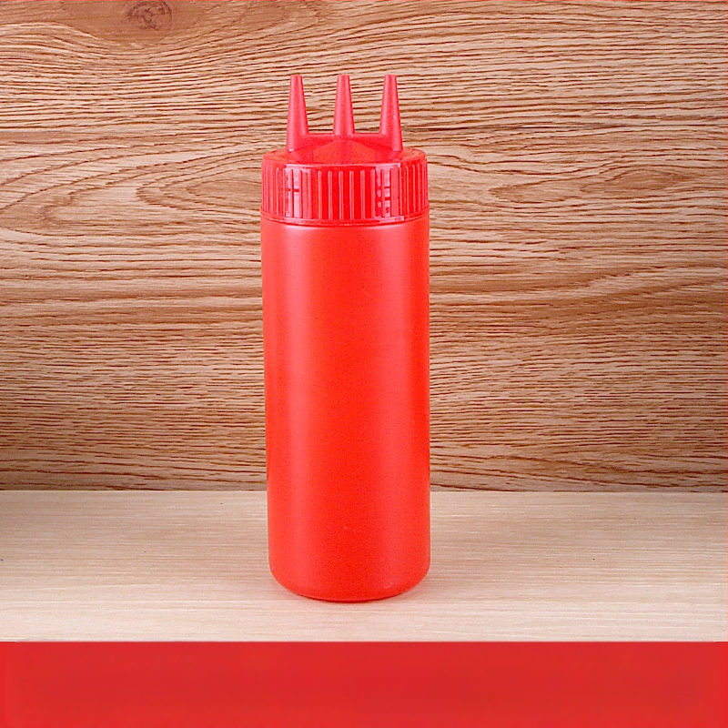 Trijų skylių pomidorų padažo išspaudimo butelis, plastikinis salaho butelis, išspaudimo butelis, padažo butelis, aukštos kokybės išspaudimo butelis, išspaudimo butelis, uogienės butelis