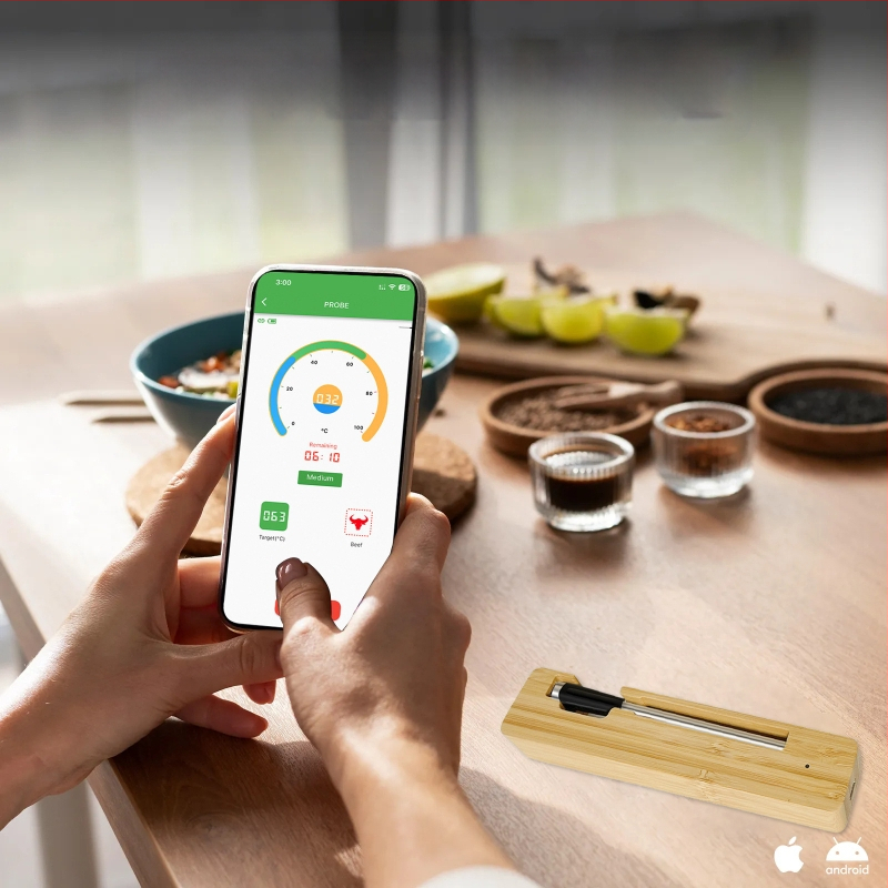 Belaidis „Bluetooth“ maisto termometras, atsparus vandeniui, nerūdijančio plieno, elektroninis virtuvės orkaitės, kepsninės, tikslios temperatūros matavimas