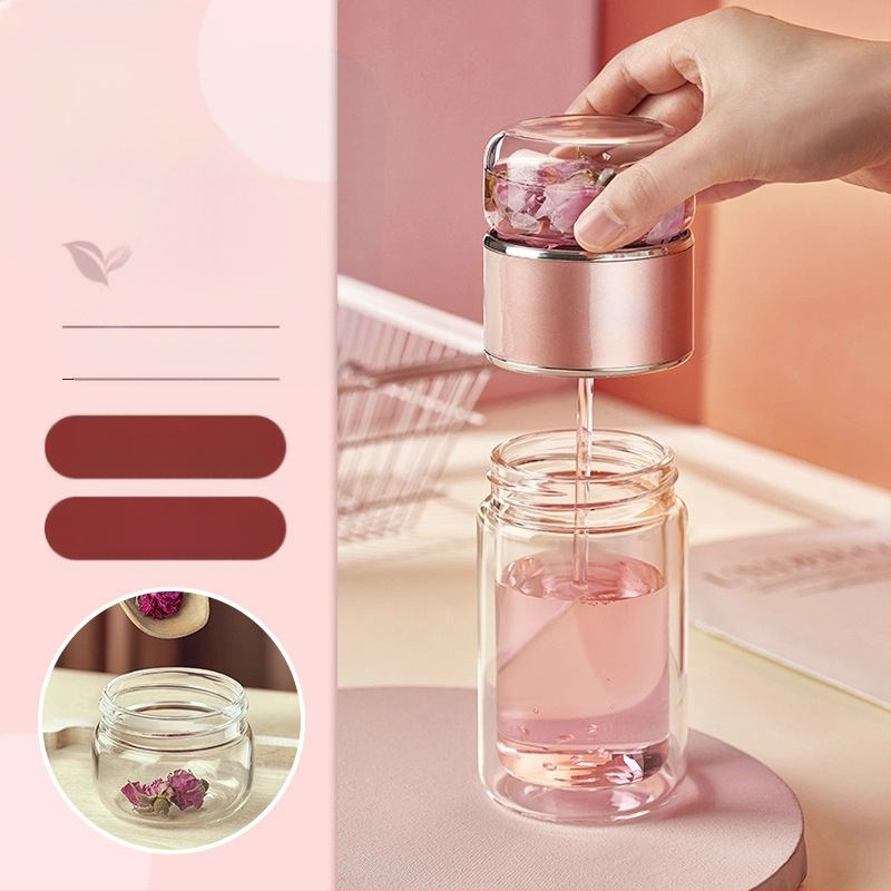 Teaszétválasztós teáscsésze virágos teáscsésze kétrétegű üveg női nettó piros aranyos hordozható vizespohár 2022 új csésze