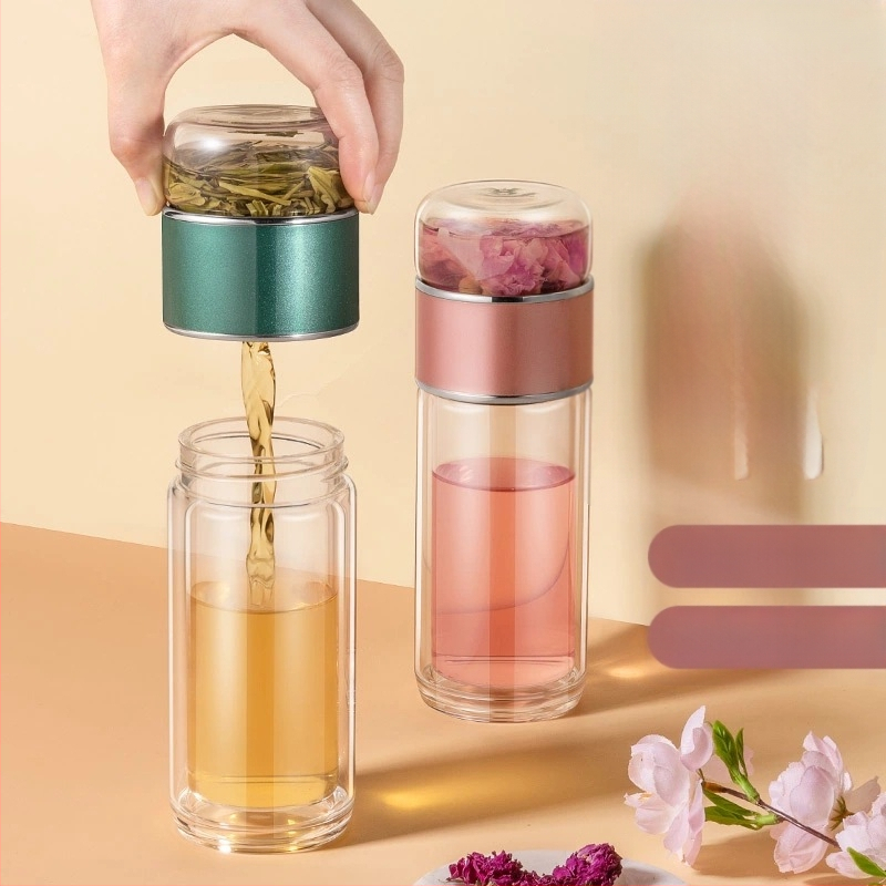 Teaszétválasztós teáscsésze virágos teáscsésze kétrétegű üveg női nettó piros aranyos hordozható vizespohár 2022 új csésze