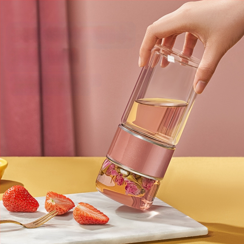 Teaszétválasztós teáscsésze virágos teáscsésze kétrétegű üveg női nettó piros aranyos hordozható vizespohár 2022 új csésze