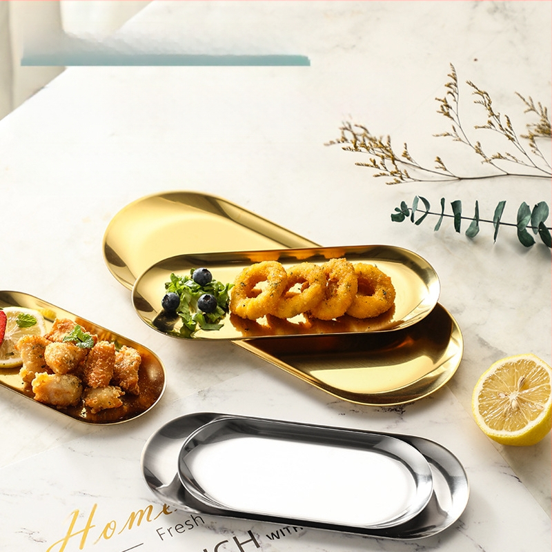 Kuldse paksendatud roostevabast terasest lääne restorani ovaalne kandik õhtusöögitaldrik puuviljamagustoidu suupistetaldrik grilltaldrik