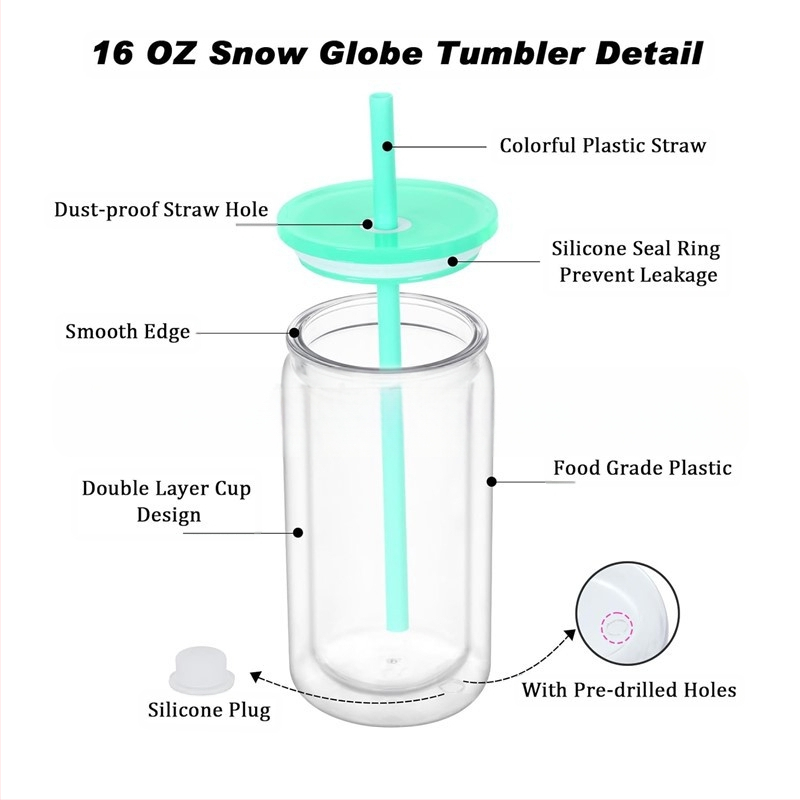 16oz värviline kahekihiline plastmassist lumepallitops auguga, silikoonkorgiga, värviline kaas, värviline õlgplastist müüritistops