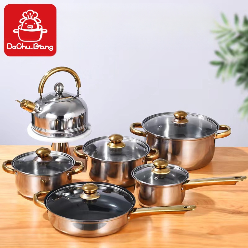 Διασυνοριακό σετ δώδεκα τεμαχίων με διπλό πάτο και παχύρρευστη κατσαρόλα, από ανοξείδωτο ατσάλι με μονή λαβή, κατσαρόλα με διπλό αυτί για σούπα, σετ έξι τεμαχίων για δώρο