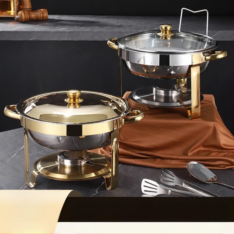 Nerūdijančio plieno sulankstoma valgomojo viryklė, apvali, auksinė, CHAFING DISH, viso dydžio bufeto šildytuvas su sulankstomu rėmu