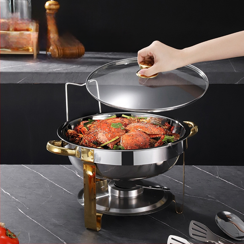 Nerūdijančio plieno sulankstoma valgomojo viryklė, apvali, auksinė, CHAFING DISH, viso dydžio bufeto šildytuvas su sulankstomu rėmu
