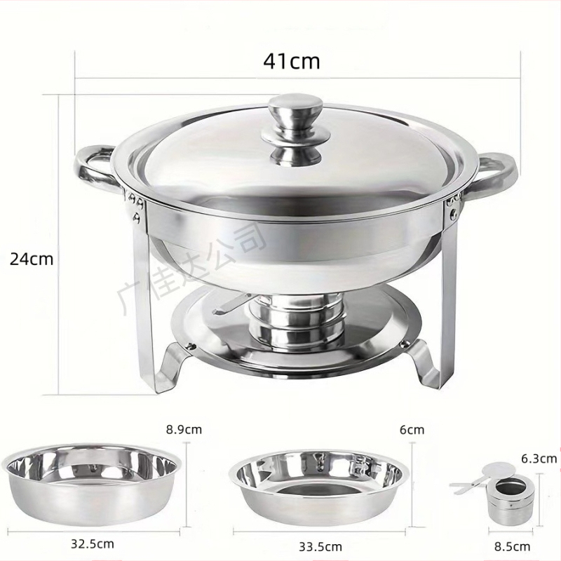 Nerūdijančio plieno sulankstoma valgomojo viryklė, apvali, auksinė, CHAFING DISH, viso dydžio bufeto šildytuvas su sulankstomu rėmu