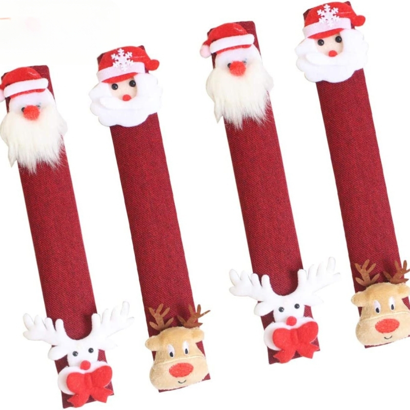 Kalėdinių dekoracijų lininės 4 dalių šaldytuvo pirštinės su animaciniu Kalėdų Senelio paveikslu, mikrobangų krosnelės rankenėlių rinkinys