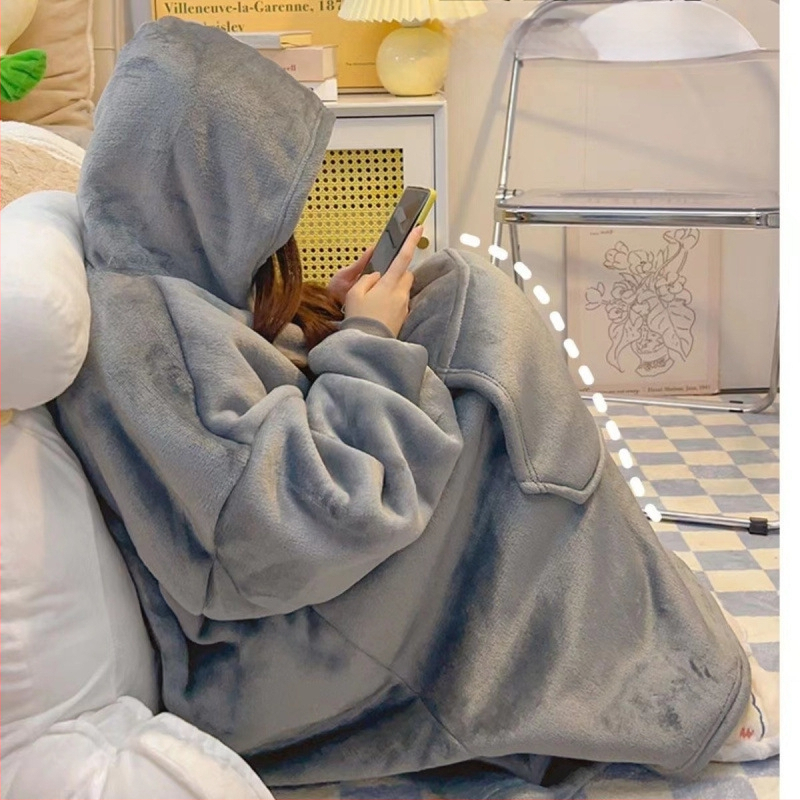 Flanell-laiskattekk, paksendatud pikkade varrukatega tekk, diivanitekk, soe pikk paarile mõeldud talvine uinakutekk, kapuutsiga