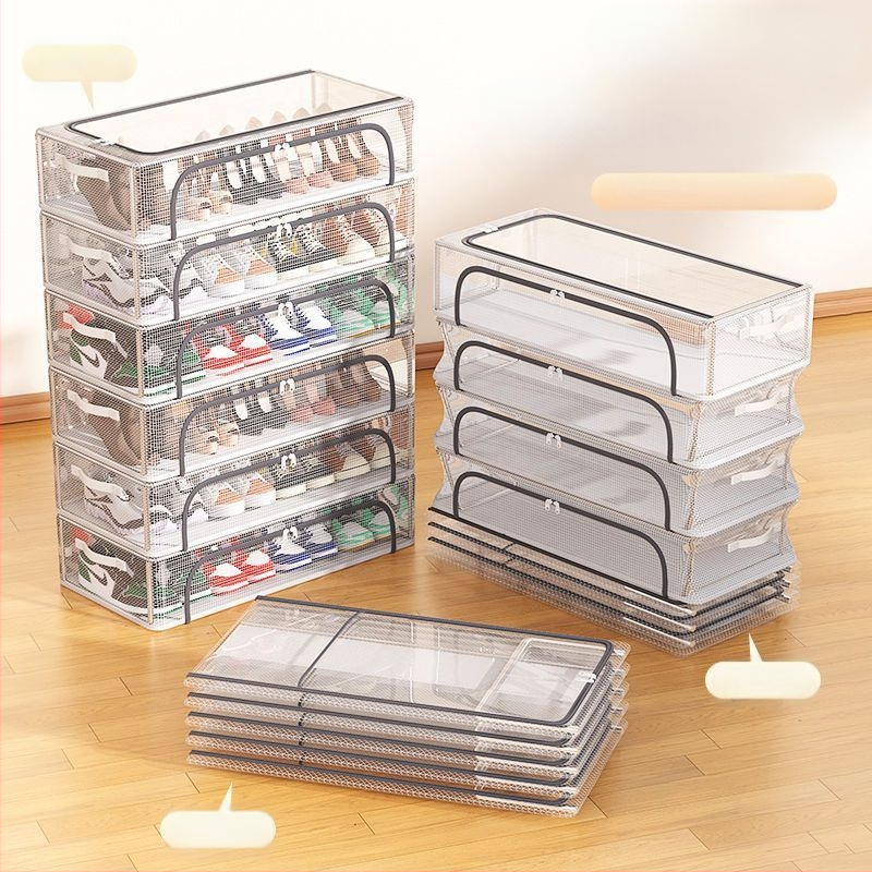 Nauja dvigubų durų batų laikymo dėžė su permatoma tinklelio batų dėže sulankstoma batų lentyna bendrabučio lovos apačioje batų laikymo spintelė