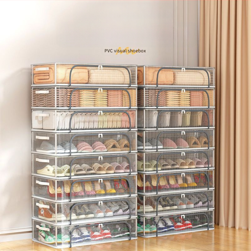 Nauja dvigubų durų batų laikymo dėžė su permatoma tinklelio batų dėže sulankstoma batų lentyna bendrabučio lovos apačioje batų laikymo spintelė