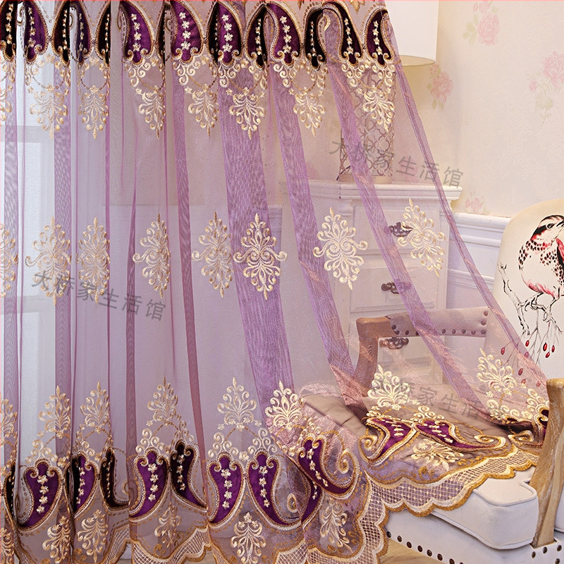 ZQ nová zamatová výšivka obývacia izba balkón štúdia reštaurácia európska fialová povrchová úprava vila od podlahy až po strop okenná záclona