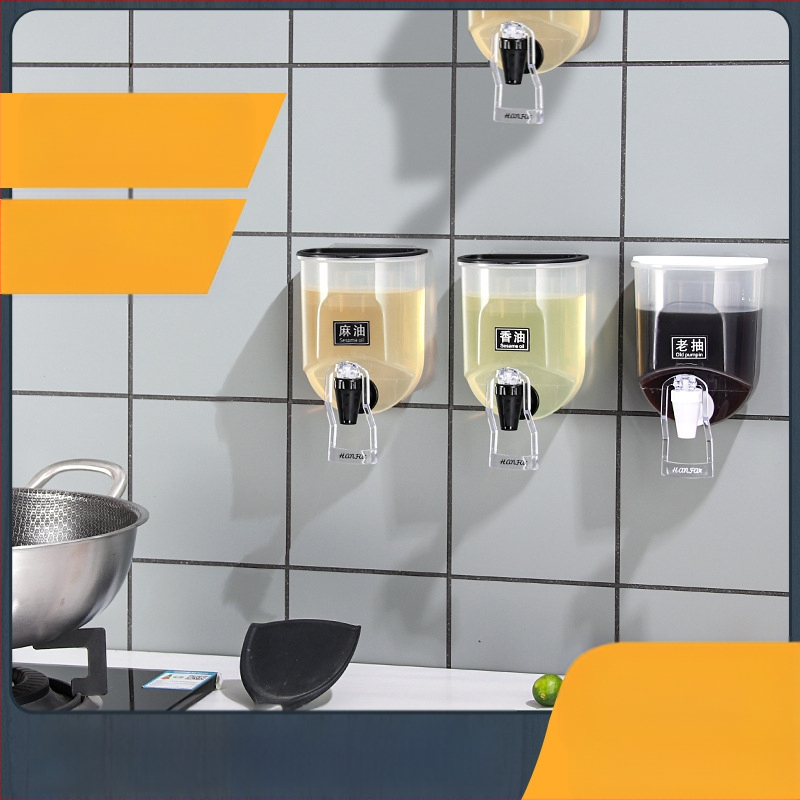 2022 Пластмасов стенен диспенсър за масло без пробиване, кухненски съд за съхранение с капак, кран тип преса, тенджера за наливане на масло, модерен минималистичен стил