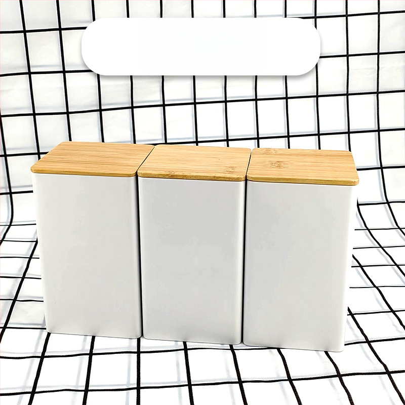 Bambusest kaanega raudkarbi ruudukujuline purk Lihtne sisestus Euroopa ja Ameerika stiilis kohvikommide teepurk Tinplate suletud pakendiga metallpurk