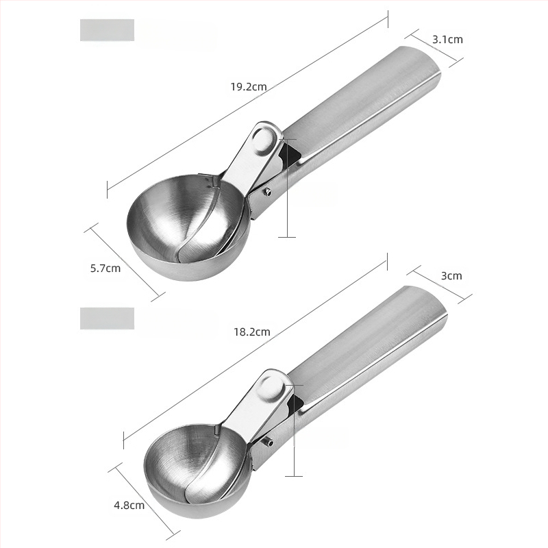 Nerūdijančio plieno ledų šaukšto preso tipo ledų kamuoliukų kastuvas, kūrybingas daugiafunkcis vaisių kamuoliukų kastuvas ledų šaukštas