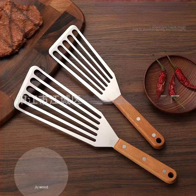 Nerūdijančio plieno keptos žuvies kastuvas kepsnių puodui kastuvas buitinis keptas keptas išsiliejęs kastuvas medinė rankena plastikinis kepimo kastuvas kepimo kastuvas virtuvės įrankiai