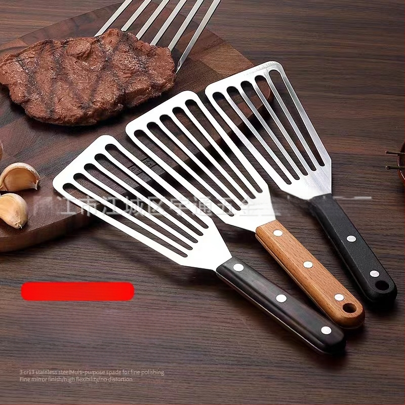 Nerūdijančio plieno keptos žuvies kastuvas kepsnių puodui kastuvas buitinis keptas keptas išsiliejęs kastuvas medinė rankena plastikinis kepimo kastuvas kepimo kastuvas virtuvės įrankiai