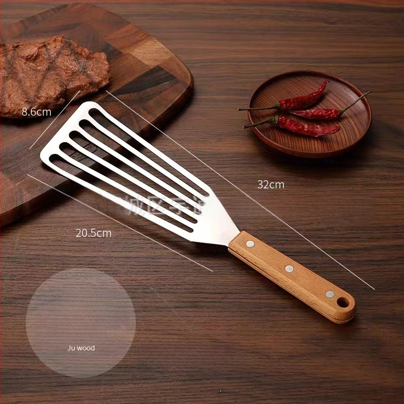 Nerūdijančio plieno keptos žuvies kastuvas kepsnių puodui kastuvas buitinis keptas keptas išsiliejęs kastuvas medinė rankena plastikinis kepimo kastuvas kepimo kastuvas virtuvės įrankiai