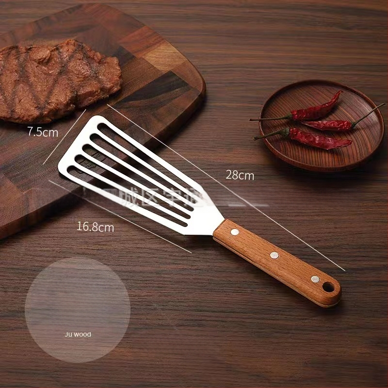 Nerūdijančio plieno keptos žuvies kastuvas kepsnių puodui kastuvas buitinis keptas keptas išsiliejęs kastuvas medinė rankena plastikinis kepimo kastuvas kepimo kastuvas virtuvės įrankiai